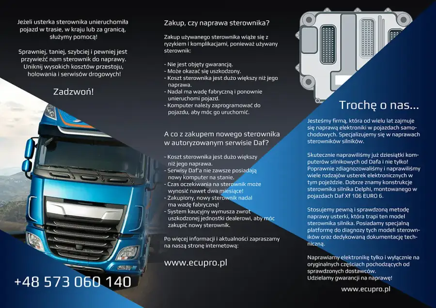 Information leaflet on DAF XF 106 control unit repair